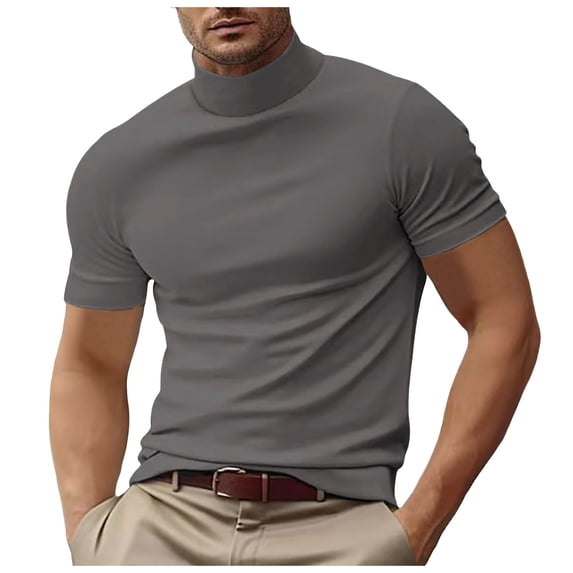 CUSTG T-Shirts Men's Turtleneck T Shirts Short Sleeve Pullover Undershirt Slim Fit Tops Classic Fashion Solid Color Tee
