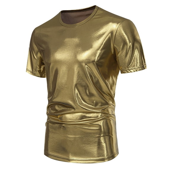 CUSTG T-Shirts Mens Fashion Trendy Party Stage Glossy Short Sleeved Round Neck T Shirt For Men Relaxed Fit Daily Solid Color Tops