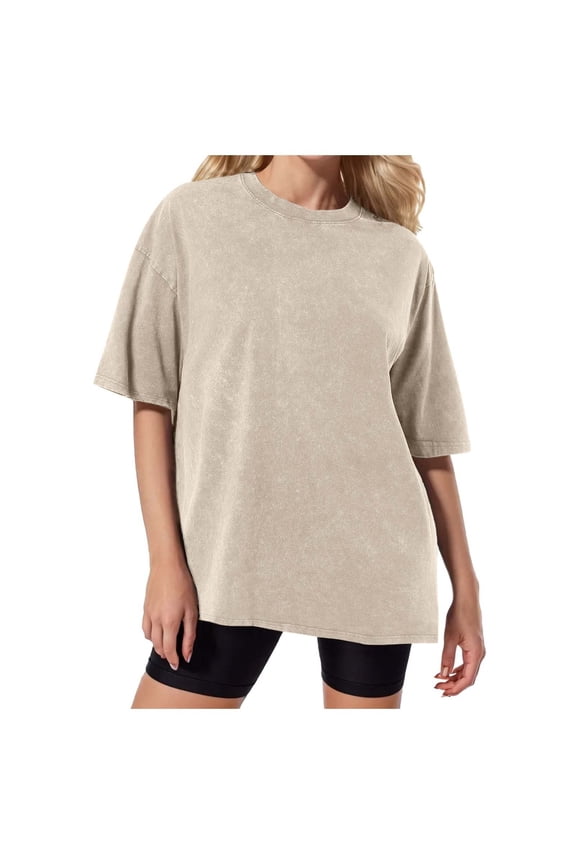 T-Shirts Vintage Washed Distressed Retro T Shirt Oversized Short Sleeve Batik Cotton Tee Women Solid Color O-Neck Classic Tops