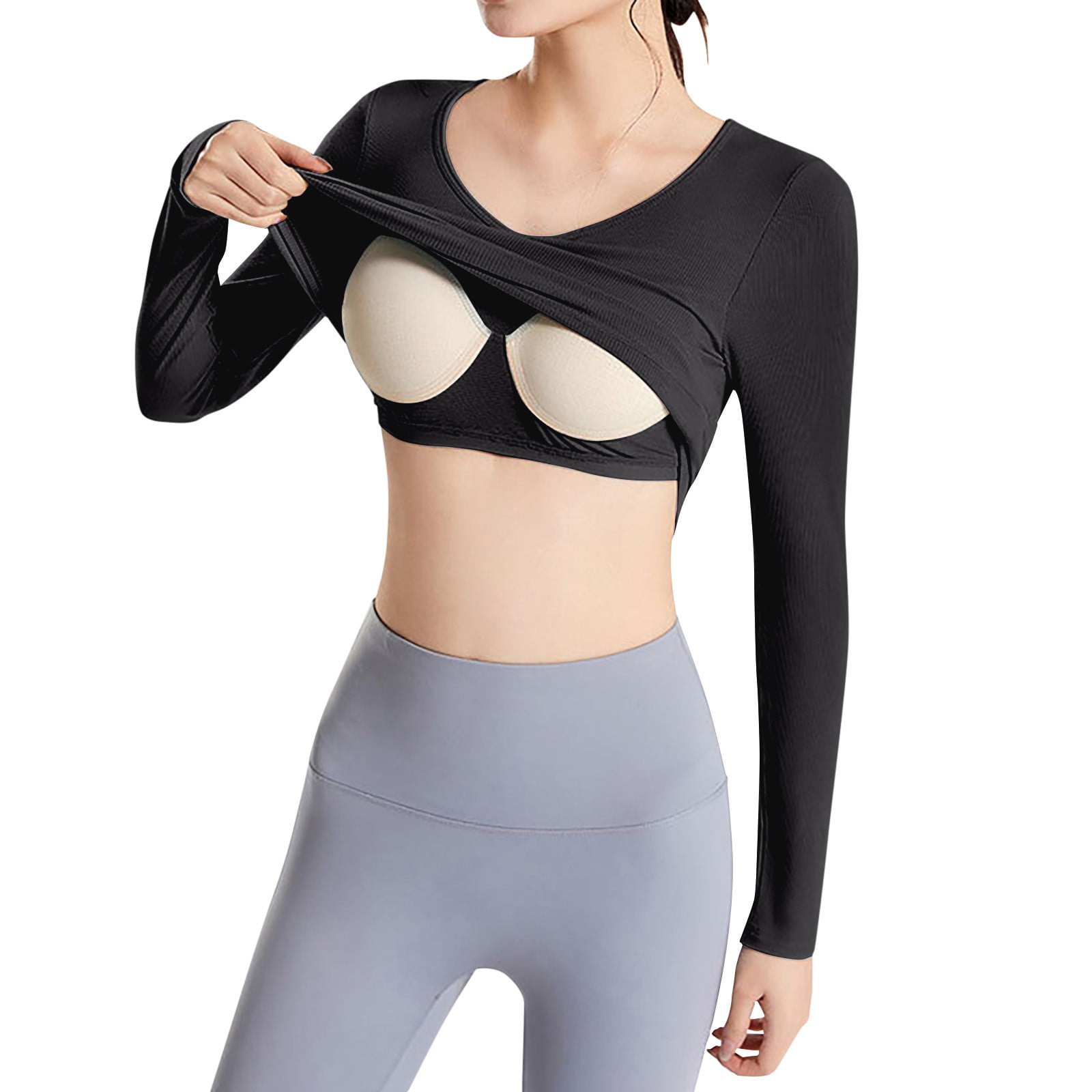 Custg CUSTG Women Blouse Stretchy Long Sleeve Crew Neck Built In Bra Cropped ...