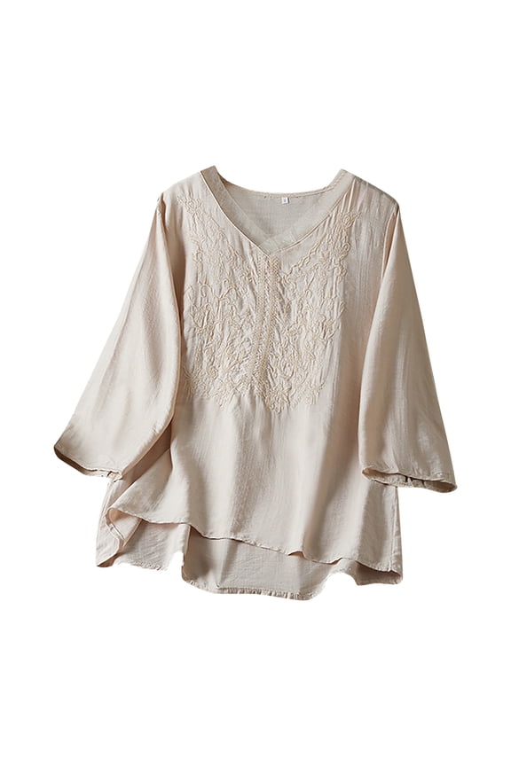 Women Blouse Summer Cotton Vintage Elegant Soft Three Quarter Sleeve V Neck Relaxed Fit Shirt Plus Size Retro Embroidery Top For Ladies Everyday Wear,Beige,XXL