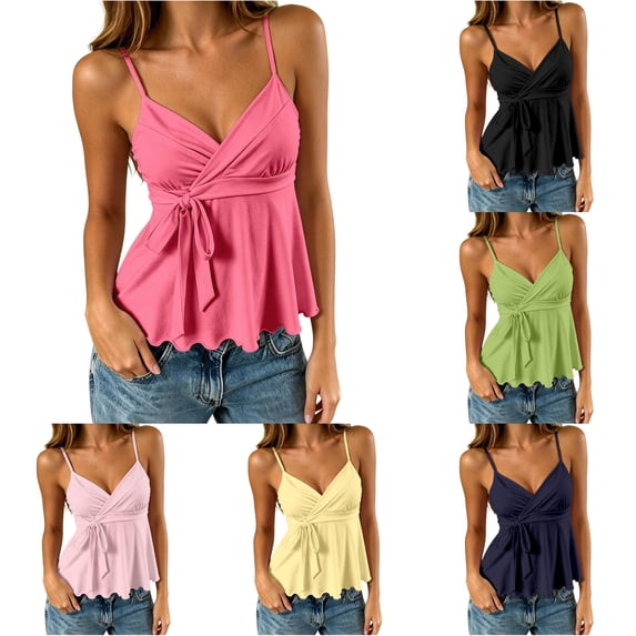 CUSTG Women Blouses Solid Color Sleeveless Summer Tops Polka Strappy Tops Going Out Cami Tops With Knotted Front V-Neck Fashionable Ladies Shirts