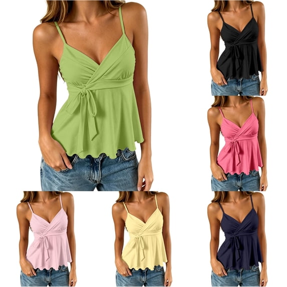 CUSTG Women Blouses Solid Color Sleeveless Summer Tops Polka Strappy Tops Going Out Cami Tops With Knotted Front V-Neck Soft Female Shirts