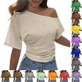 CUSTG Women Blouses Summer Smocked Solid Color Asymmetrical Shoulder ...