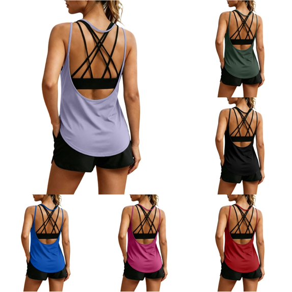 CUSTG Women Camis Sleeveless Casual Fashion Solid Color Backless Workout Yoga Tank Tops Outdoor Activewear O-Neck Leisure Ladies Summer Shirts