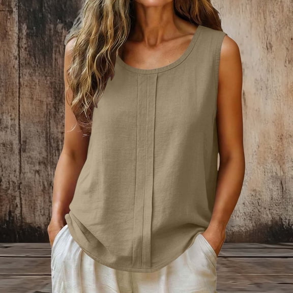 CUSTG Women Casual Blouses Simple Solid Color Summer Sleeveless Knit Tank Tops With Pleated Round Neck Lightweight Breathable Tee For Everyday Wear Vacation Shirt