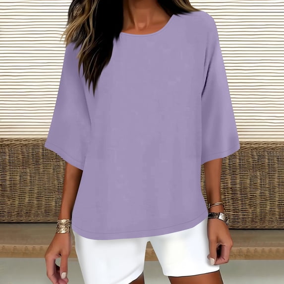 CUSTG Women Casual Blouses Simple Stylish Women Shirts For Everyday Wear Trendy 3/4 Sleeve Blouses For Summer Versatile Solid Color Tops Breathable Dailywear
