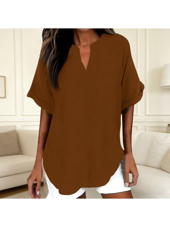 Women Casual Blouses Simple Summer Short Sleeve Shirts V Neck Solid Color Tunic Blouses Tee Relaxed Fit Tops
