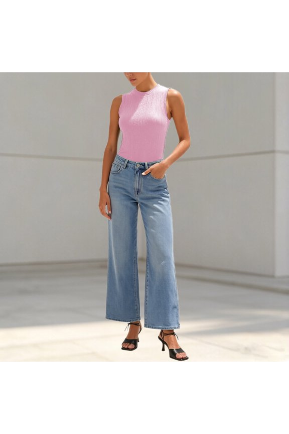 Women Casual Blouses Simple Textured Neck Sleeveless Blouse Summer Tank Tops Soft Lightweight Solid Color Basic Vest Soft Shirt