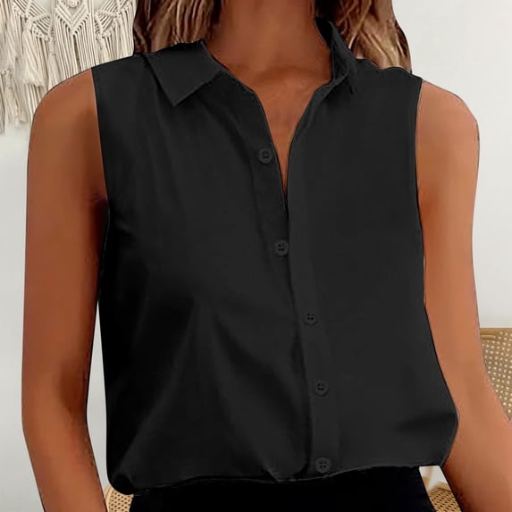 CUSTG Women Casual Blouses Summer Sleeveless Button Down Shirts Blouses Solid Color Loose V Neck Tank Tops For Work Classic Dailywear