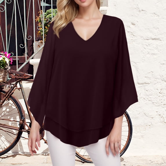 CUSTG Women Casual Blouses Summer Solid Color Blouse 3/4 Sleeve Elegant Tunic Shirt Double Layer V Neck Mesh Loose Tops With Sleeves Cozy Dailywear