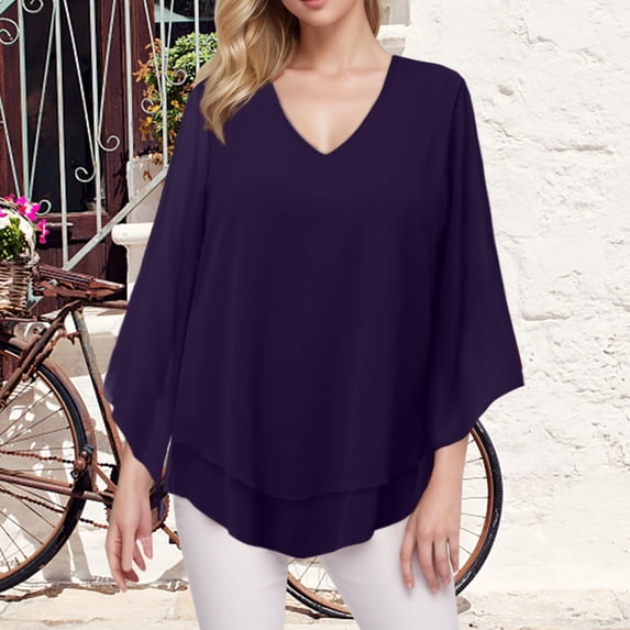 CUSTG Women Casual Blouses Summer Solid Color Blouse 3/4 Sleeve Elegant Tunic Shirt Double Layer V Neck Mesh Loose Tops With Sleeves Trendy Dailywear
