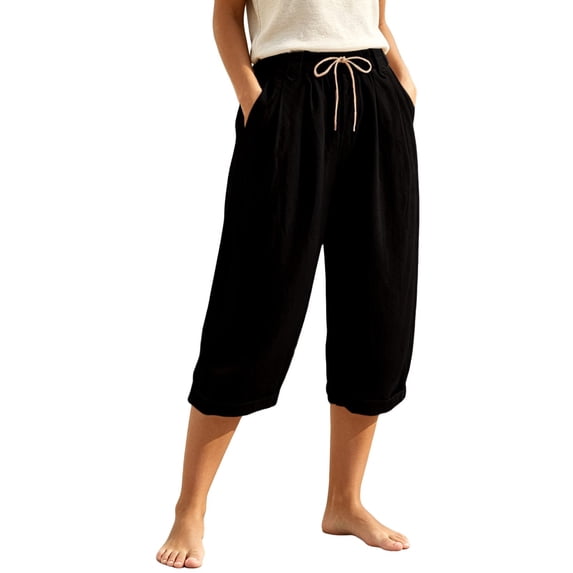CUSTG Women Casual Pants 3/4 Capri Trousers Summer With Pockets Elastic Waistband High Waist Trousers Loose Lightweight Leisure Style Linen Pants Women