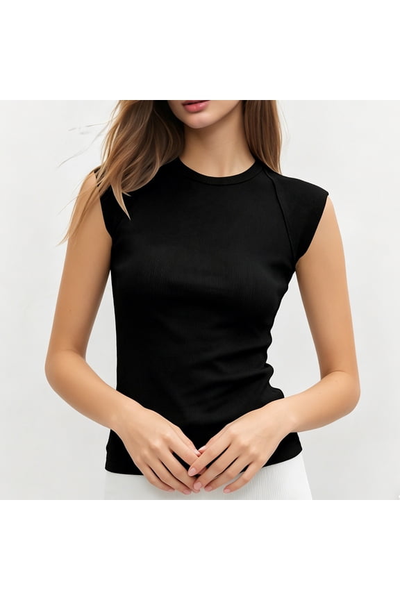 Women Casual Shirts Simple Sleeveless Half High Neck Solid Color Fitted Knit Crop Tops Summer Tee Breathable Blouse