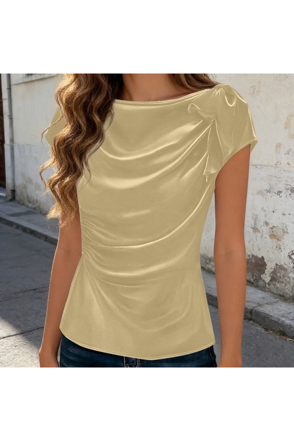 Women Casual Shirts Simple Solid Color Blouse Elegant Evening Blouses Satin With Ruffle Bow Draped Front Short Sleeve Blouse Plus Size Tunic Long Summer Grey Shirt Elegant Fashionable Tops