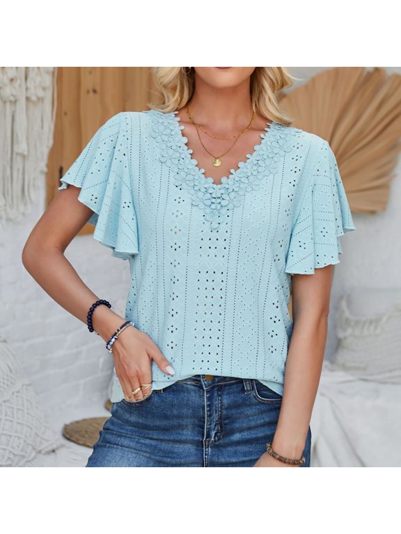 Women Casual Shirts Simple Solid Color Lace V-Neck Flutter Sleeve Blouse Loose Fit Summer Basic Tee Tops Versatile Dailywear