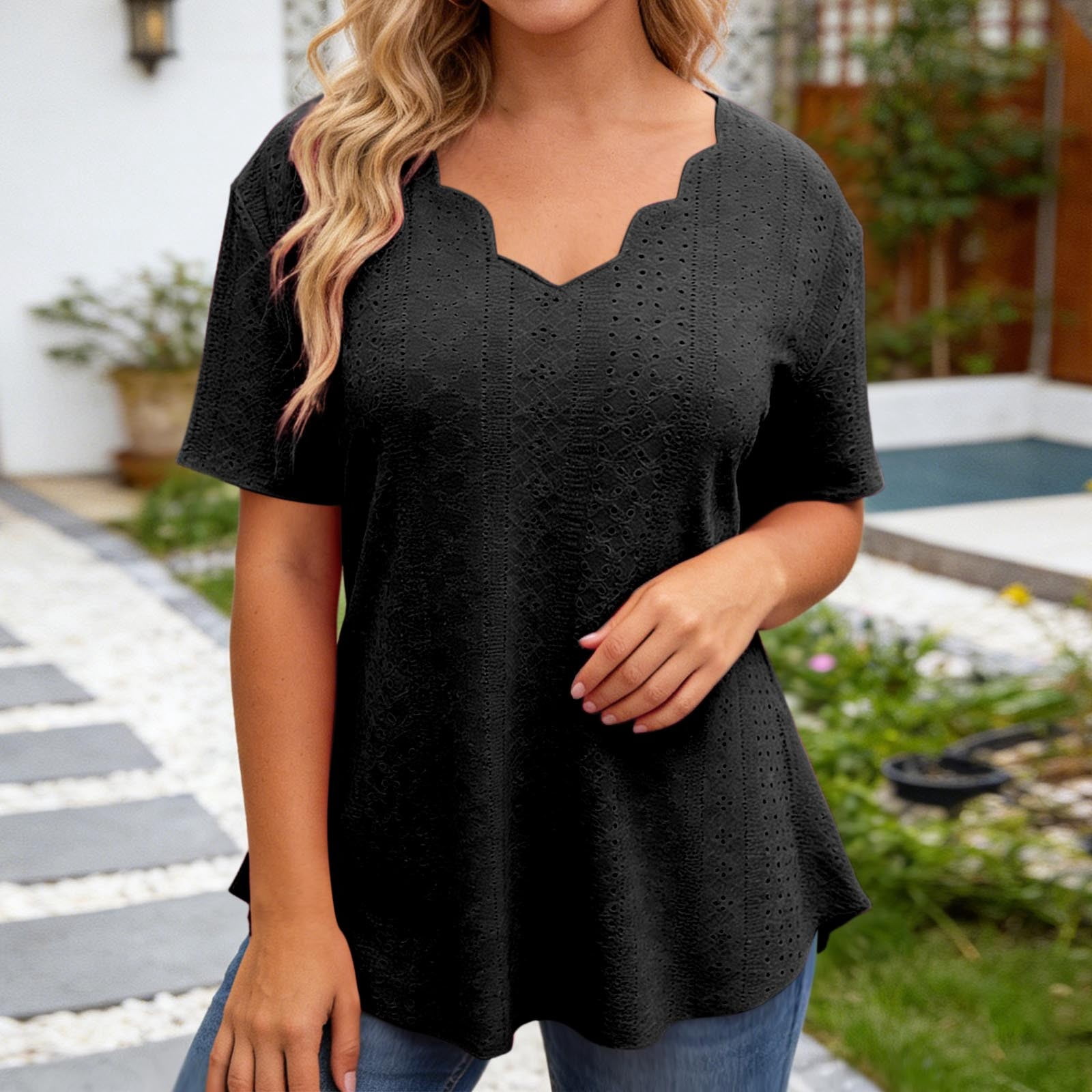 Custg CUSTG Women Casual Shirts Summer' Solid Color Flower V Neck Short ...