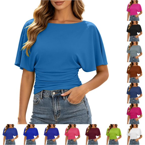 CUSTG Women Elegant Batwing Sleeve Solid Color Round Neck T-Shirt For Casual Everyday Wear Fashionable Ladies Summer Tops