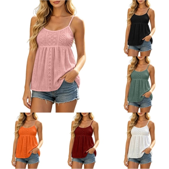 CUSTG Women Sleeveless Mesh Embroidered Solid Color Camisole Tops Lace Up Tank Layering O-Neck Soft Ladies Summer Shirts
