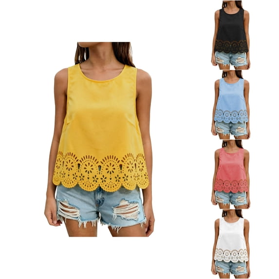 CUSTG Women Solid Color Camis Sleeveless O-Neck Lace Hollow Out Blouse Summer Fashion Casual Tops Classic Ladies Shirts