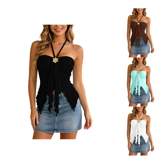 CUSTG Women Solid Color Camis Sleeveless Summer Halter Neck Tank Tops Lightweight Tank With Unique Strap Design Casual Sleeveless Blouse For Warm Weather Boho Female Shirts