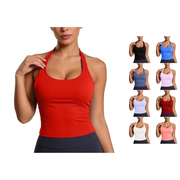 CUSTG Women Solid Color Sleeveless Workout Yoga Tank Tops With Built In Bra Racerback Athletic Camisole For Fitness Running And Sports O-Neck Relaxed Fit Ladies Summer Shirts