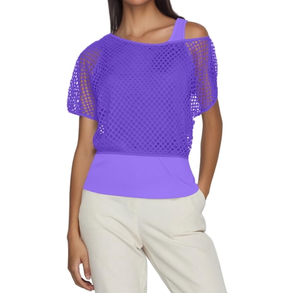 CUSTG Women T-Shirts 1980s Neon Festival Fishnet Short Sleeve Tops For Retro Party And Dance Events Holiday O-Neck Tee