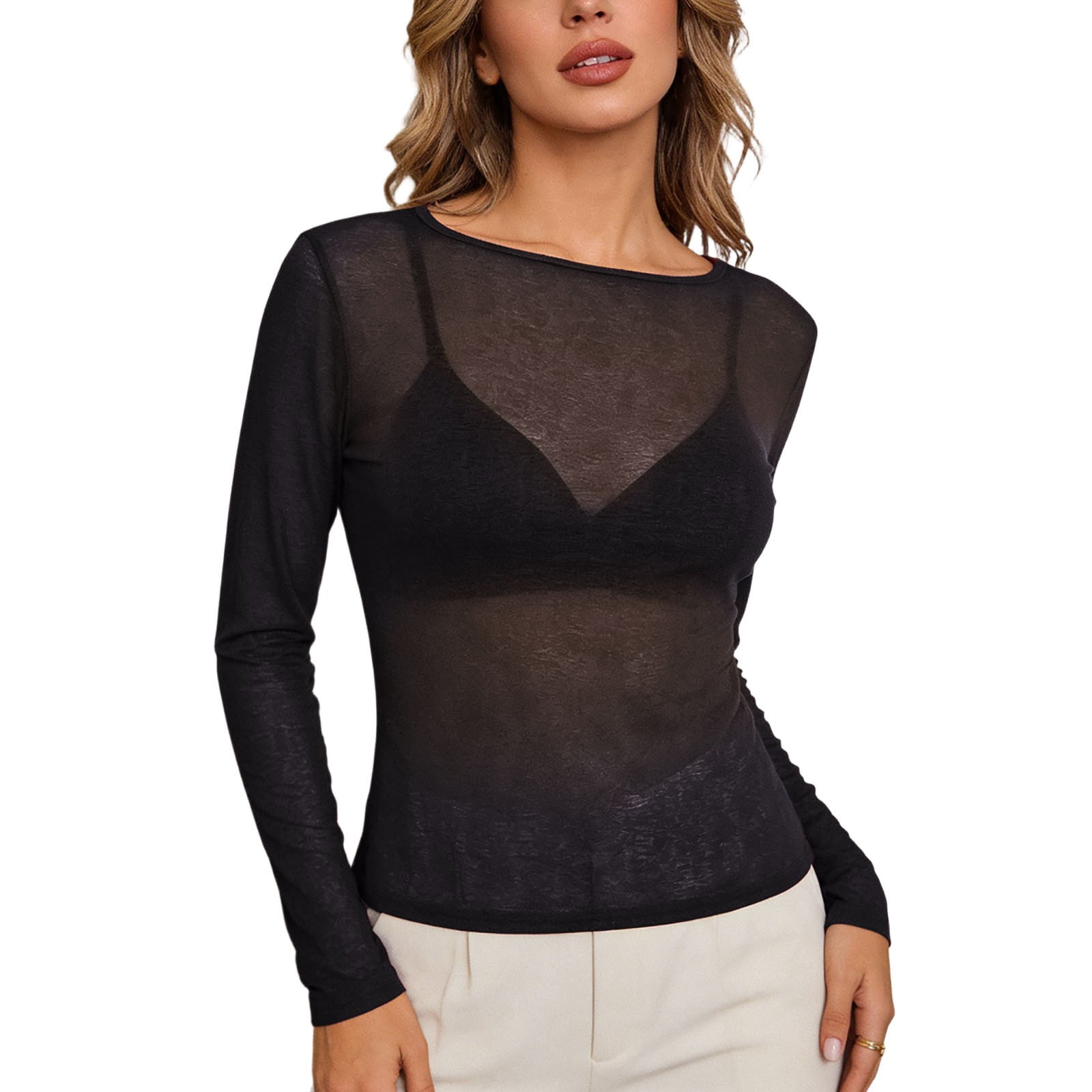 Custg CUSTG Women T-Shirts Elegant Sheer Lightweight Long Sleeve Tops Stretch ...