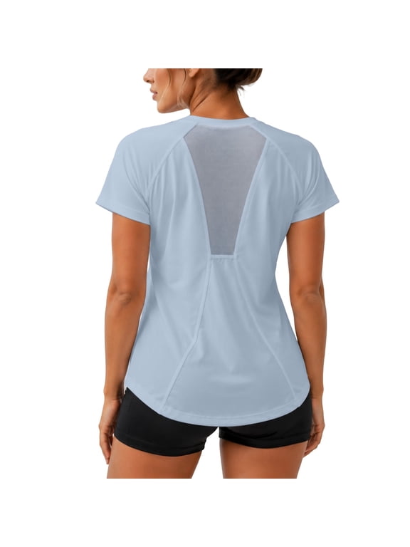 Women T-Shirts Short Sleeve Athletic T-Shirt Mesh Back Panel Raglan Top Breathable Workout Running Gym Sports Fashion Versatile Shirts