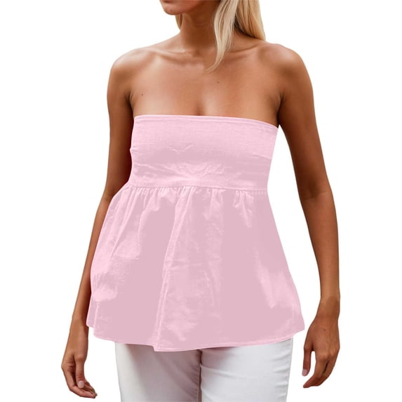 CUSTG Women Tank Top Summer Simple Stylish Versatile Strapless Ruffle Flowy Design Camisole Comfortable Vest For Ladies Casual Daily Wear And Layering,Pink,S