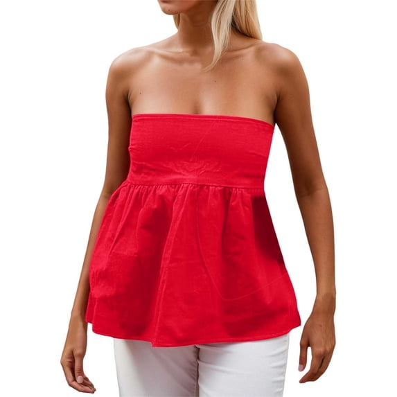 CUSTG Women Tank Top Summer Simple Stylish Versatile Strapless Ruffle Flowy Design Camisole Comfortable Vest For Ladies Casual Daily Wear And Layering,Red,L