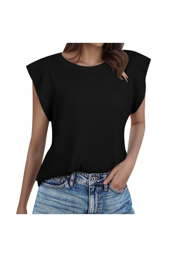 Women Top Summer Stylish Casual Relaxed Fit Solid Color Crew Neck Flutter Sleeve Tee Shirt Soft Comfortable Vest Top For Ladies Everyday Wear,Black,XXL