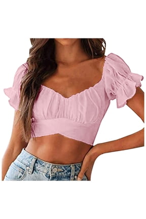 Women Top Trendy Slim Fit V Neck Short Sleeve Cropped Tee Ssexy Off The Shoulder Breathable Versatile Blouse Top For Ladies Daily And Vacation Wear,Pink,S