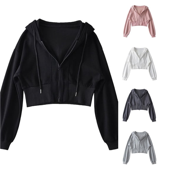 CUSTG Women Zip Up Hoodie Cropped Double Zipper Sweatshirt Casual Streetwear Solid Color Long Sleeve Breathable Tops Daily Wear