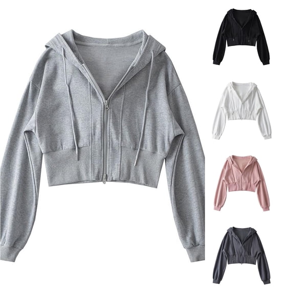 CUSTG Women Zip Up Hoodie Cropped Double Zipper Sweatshirt Casual Streetwear Solid Color Long Sleeve Fashionable Tops Daily Wear