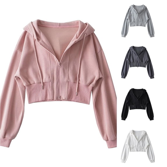 CUSTG Women Zip Up Hoodie Cropped Double Zipper Sweatshirt Casual Streetwear Solid Color Long Sleeve Leisure Tops Daily Wear