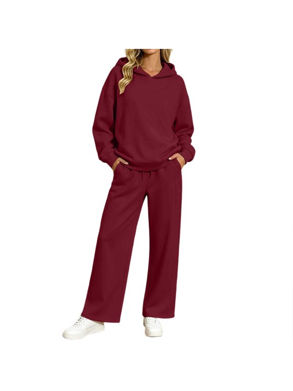 Women's 2 Piece Outfits Sets Solid Color Long Sleeve Hooded Shirt And Loose Fitting Pants Casual Sports Soft Sweatsuit