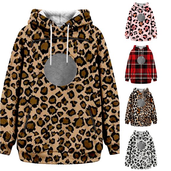 CUSTG Women's Leopard Hoodie With Pet Pouch, Flannel Fuzzy Pullover Hooded Sweatshirt For Small Dogs And Cats