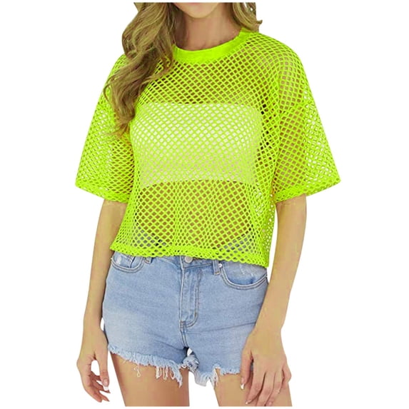 CUSTG Women's T-Shirts Fashion Mesh Covering Solid Color Short Sleeved T Shirt Fashionable O-Neck Tops