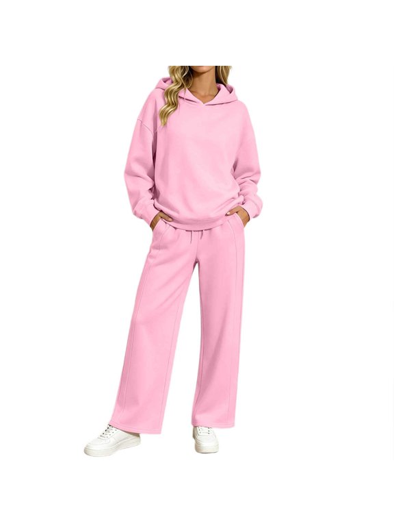 Women's Two Piece Outfits Solid Color Long Sleeve Hooded Shirt And Loose Fitting Pants Casual Sports Cozy Sets