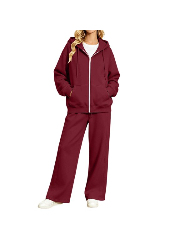 Women's Two Piece Outfits Solid Color Long Sleeve Hooded Shirt And Loose Fitting Pants Sports Cozy Sets