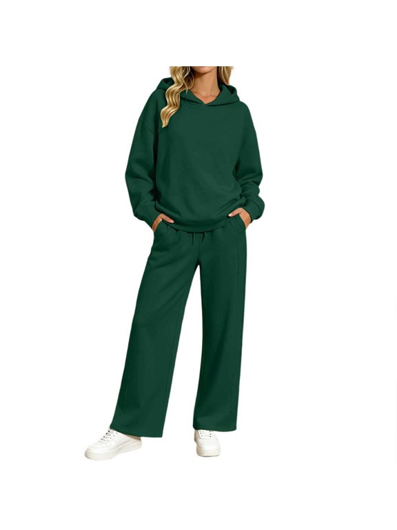 Women's Two Piece Sets Solid Color Long Sleeve Hooded Shirt And Loose Fitting Pants Sports Cozy Outfits