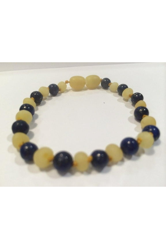 CUSTOM ADHD Arthritis Carpal Tunnel Raw UnPolished Milk Lapis Lazuli Baltic Amber Bracelet for Big Kid, Teen, Adult.