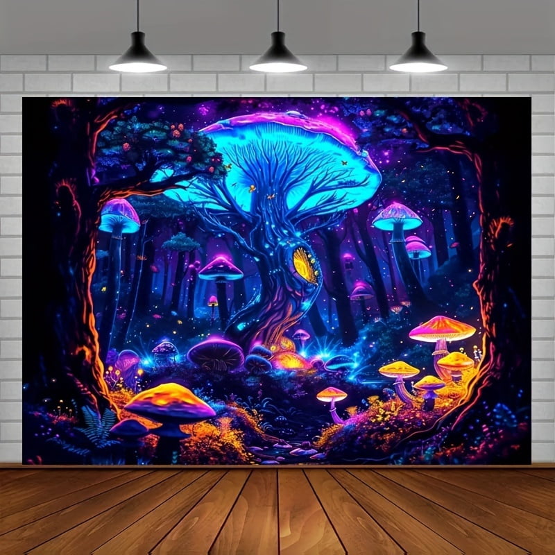 CUSTOM Black light mushroom background cloth, fantasy neon tree forest ...