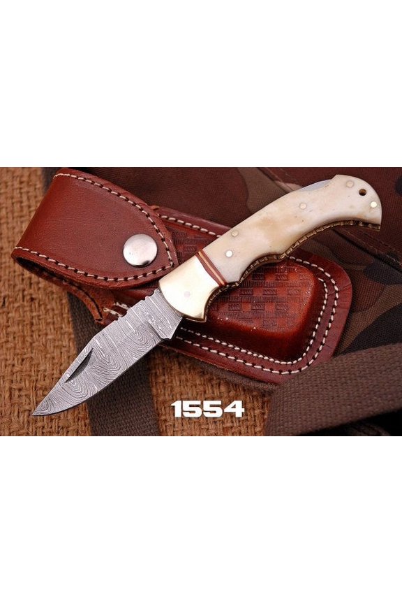 CUSTOM HAND FORGED DAMASCUS STEEL FOLDING KNIFE ENGRAVED BRASS BOLSTER W/ BONE HANDLE