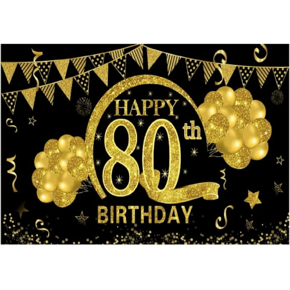 CUSTOM Happy 80th Birthday Party Decor Banner Backdrop Black Gold Anniversary
