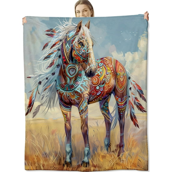CUSTOM Horse Blanket Colorful Tribal Fleece Artistic Geometric Patterns with Countryside Scene Lightweight Plush Microfiber Throw for Couch Bed Sofa 40x50 Inch