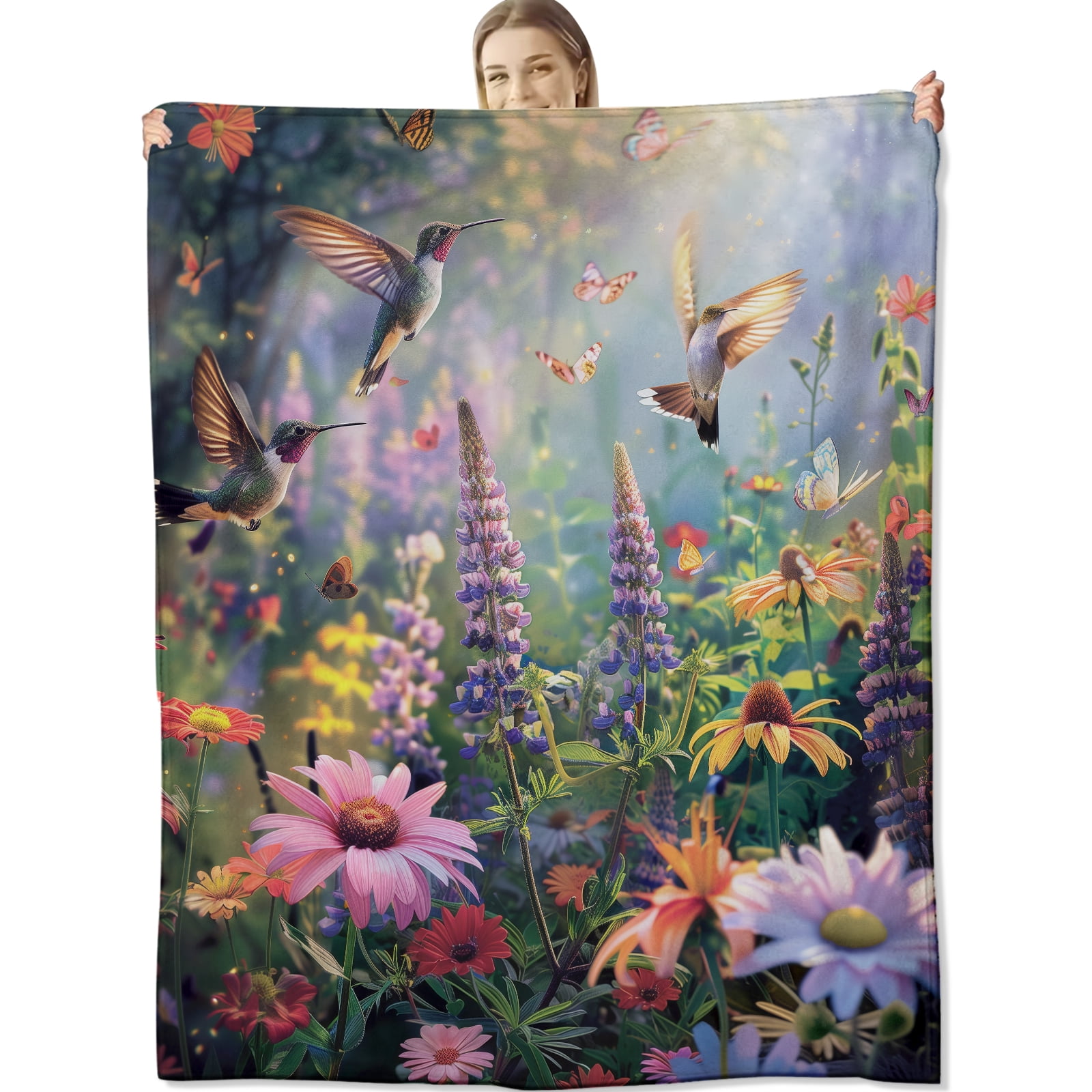 CUSTOM Hummingbirds and Wildflowers Illustration Fleece Blanket Vibrant ...