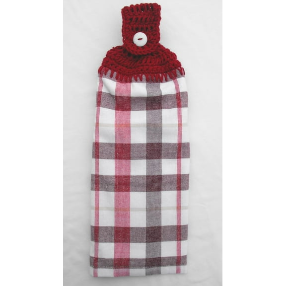 CUSTOMIZED KITCHEN TOWEL - PLAID DESIGN - DOUBLE THICK/FULL CROCHET TOP HANGING KITCHEN TOWEL (BURGUNDY/RED)