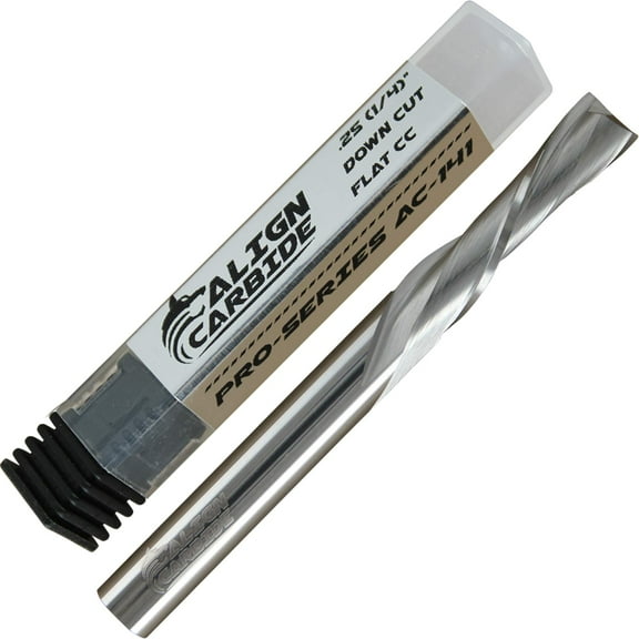 DOWN CUT Router Bit, 1/4 Cutting Diameter, 1/4 Inch Shank, Premium Solid Micro Grain Carbide, Spiral Plunge, 2 Flute, Flat Cutting Face, CNC Router Pro-Series Item AC-141.